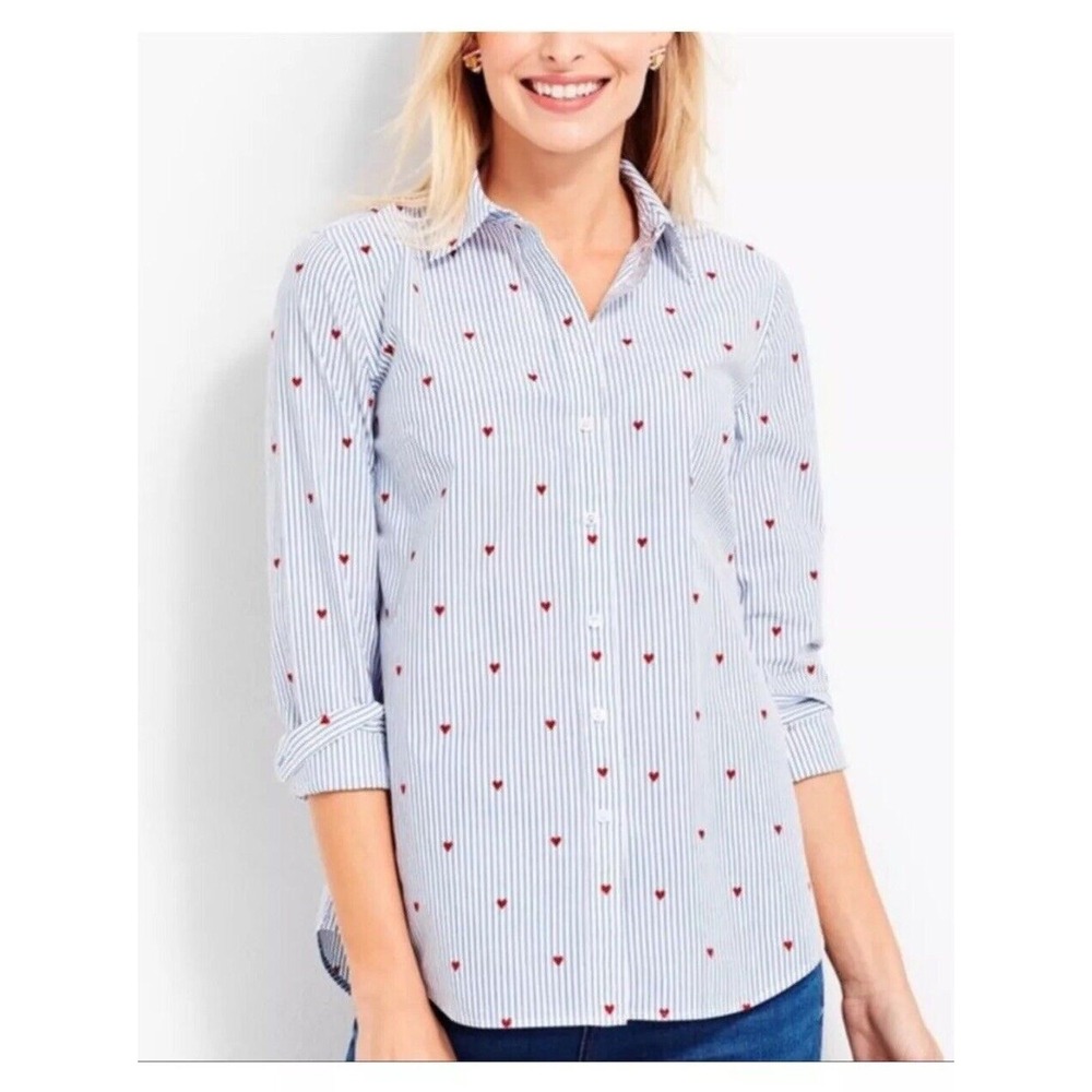 Talbots Size SP Petite Button Up Shirt Classic Cotton Tiny Hearts Blue Stripe